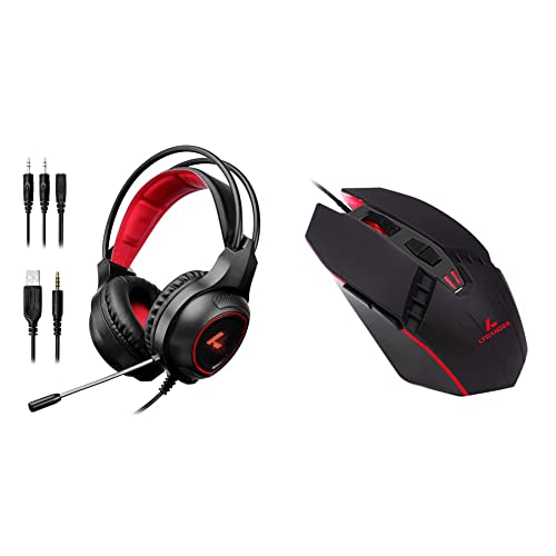 LYCANDER Gaming-Headset mit Mikrofon und LED-Licht, 3,5 mm Eingang, (Essential - Schwarz und Rot) & LMC378 Gaming-Maus, kabelgebunden, Optische USB-Mäuse mit Einstellbarer DPI, 7 Tasten, 1, 5 m Kabel von LYCANDER