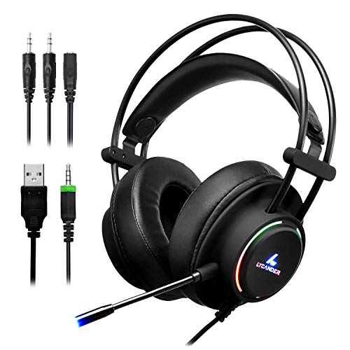 LYCANDER Gaming-Headset mit Mikrofon und LED-Licht, 3,5 mm Eingang, für PC, PS4, Xbox One, Nintendo Switch und mehr (Comfort - Schwarz und Regenbogen) von LYCANDER