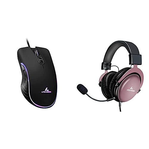 LYCANDER Gaming-Maus, kabelgebunden,Optische USB-Mäuse mit Einstellbarer Dpi, bis zu 6400, 7 Tasten,LED, 1,5 m Kabel + USB-Headset mit abnehmbarem Mikrofon, hybrider 3,5-mm-Audiobuchse und USB-Eingang von LYCANDER