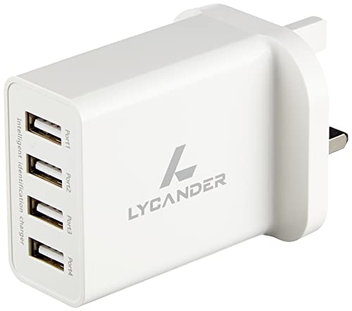 LYCANDER USB Wall Charger Plug UK Spec with 4 Ports 5A/25W adaptive charging technology (UK Plug) von LYCANDER