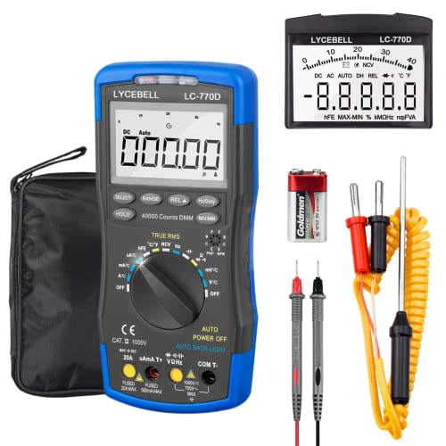 Digital Multimeter LC-770D TRMS Voltmeter Ammeter for Measures NCV AC/DC Voltage Current Resistance Capacitance Frequency Auto Ranging Diodes hFE - 40000 Counts (Blue) von LYCEBELL
