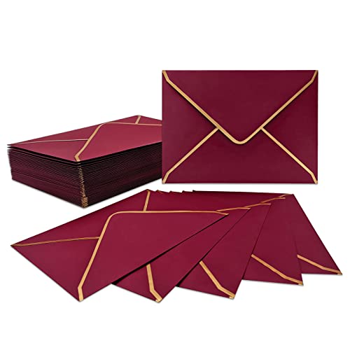 50 Stück Einladungsumschläge A7 Größe, Rot Umschläge 13.5 x 18.5 cm, 5x7 Briefumschlag schnell verschließbare Umschläge mit goldfarbenem Rand von LYHLYA