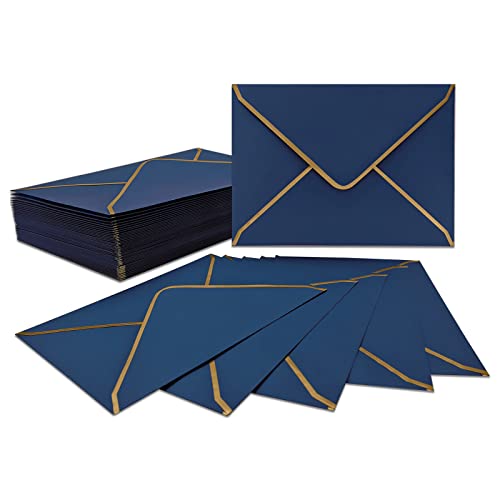 50 Stücke Einladungumschläge, Blaue Luxuriöser Umschläge 18.5x13.5cm Miniatur Kuverts 5"x 7" Umschläge mit V-Klappe Briefumschläge Goldfolienrand für Hochzeiten, Einladungen, Party, Grußkarten von LYHLYA