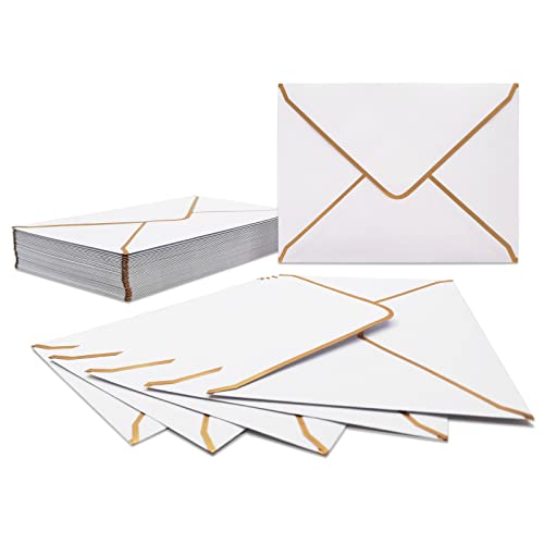 50 Stücke Einladungumschläge, Weiße Luxuriöser Umschläge 18.5x13.5cm Miniatur Kuverts 5"x 7" Umschläge mit V-Klappe Briefumschläge Goldfolienrand für Hochzeiten, Einladungen, Party, Grußkarten von LYHLYA