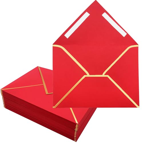 50 Stücke Rote Umschläge, 18.3 x 13.3 cm Einladungsumschläge 5 x 7 Zoll Selbstklebende Briefumschläge V-Klappe Folienrand Luxus Versandumschläge für Hochzeit, Einladungen, Babyparty, Geburtstag von LYHLYA