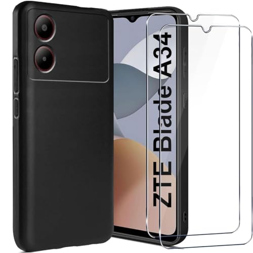LYJERRY Handyhülle für ZTE Blade A34 Hülle + 2Pcs panzerglas für ZTE Blade A34 Hülle Stoßfest Cover Schutzhülle Silikon Case Weich Schwarz hülle und panzerglas von LYJERRY