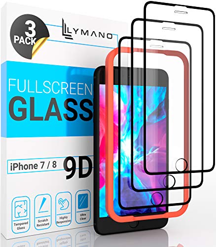 [3 Stück] LYMANO Panzer-Folie Glas Full Screen für iPhone 7 iPhone 8 Display-Schutzfolie Schutzglas Glass Protector [Anti Kratzer] [Blasenfrei] [Komplett Abdeckung] (4,7 Zoll) Schwarz (Black) von LYMANO