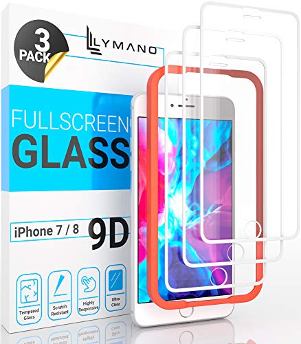 LYMANO [3 Stück] Panzer-Folie Glas Full Screen für iPhone 7 iPhone 8 Display-Schutzfolie Schutzglas Glass Protector [Anti Kratzer] [Blasenfrei] [Komplett Abdeckung] (4,7 Zoll) Weiß von LYMANO