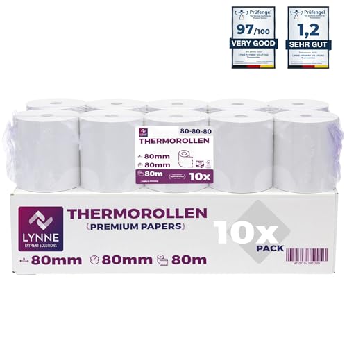 10x Thermorollen - Bonrollen - Kassenrollen 80mm x 80m x 12mm (80x80x12) für alle gängigen Thermopapier Kassen-Bondrucker – BPA Frei von LYNNE PAYMENT SOLUTIONS