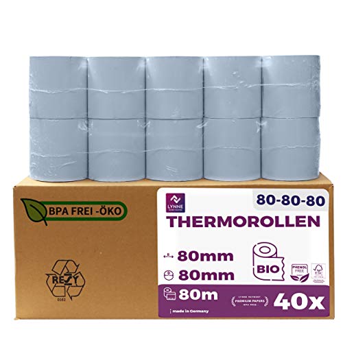 ÖKO Thermorollen 80mm x 80m x 12mm - Kassenrollen - Bonrollen für Registrierkasse mit Bondrucker - Thermopapier Phenolfreie (40 Rollen) von LYNNE PAYMENT SOLUTIONS