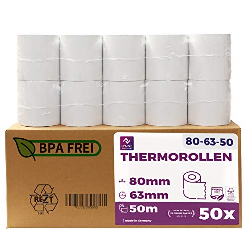 Thermorollen 80mm x 50m x 12mm - Kassenrollen - Bonrollen für Registrierkasse mit Bondrucker - Thermopapier für Kassensysteme – BPA Frei (Medium - 80x63x12-50 Meter - 50 Rollen) von LYNNE PAYMENT SOLUTIONS