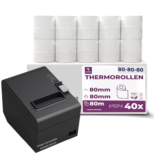 Thermorollen 80mm x 80m x 12mm - Kassenrollen - Bonrollen für Registrierkasse - Bondrucker - Thermopapier – BPA Frei (40 Rollen) von LYNNE PAYMENT SOLUTIONS