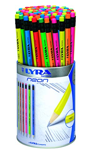 LYRA 1293960 - Neon HB Bleistift, mit Gummitip, Metallrunddose 96 Bleistifte von LYRA