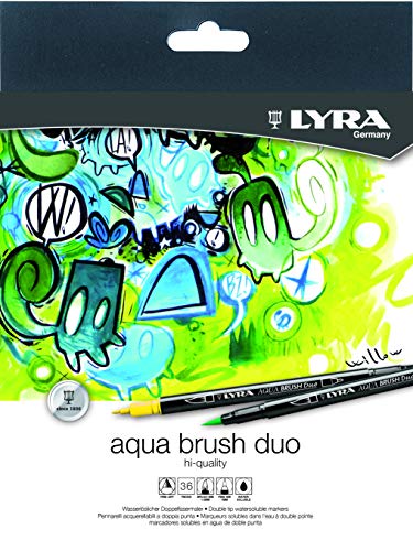 LYRA Aqua Brush Duo Brush Marker – Set mit 36 Pinselstiften auf Wasserbasis für Künstler jeden Alters – Marker mit doppelter Spitze für feine Details und breite Striche – langlebige Farbmarker für von LYRA