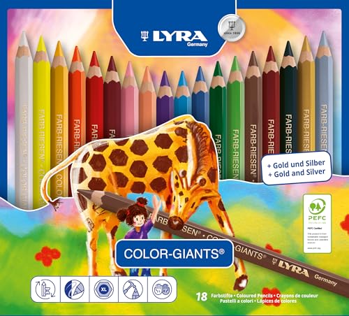 LYRA Farb-Riesen, Holzfarbstifte, hexagonal, Jumbo, lackiert, Mine 6,3 mm, Metalletui, 18 sortierte Farben von LYRA