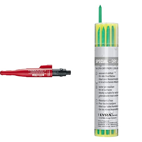 Lyra L4494302 LYRA DRY PROFI LED Tieflochmarker mit LED-Leuchte, Baumarker, inkl. Spitzer und Clip, Universal-Graphit-Mine in 2B & L4499402 LYRA DRY Ersatzminen Set gefüllt mit 12 Stück Spezial-Minen von LYRA