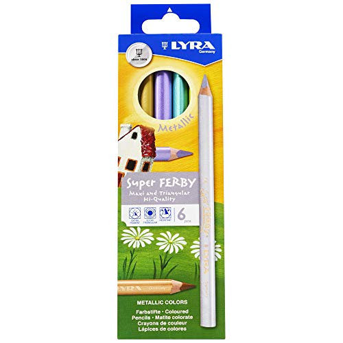 LYRA Super Ferby 3721062 riesiger dreieckiger Buntstift, lackiert, 6,25 mm Minenkern, Set mit 6 Bleistiften, verschiedene Metallic-Farben von Lyra