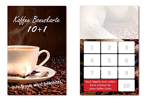 100 Stück Kaffee Bonuskarten (BOK-409) mit 10 Stempelfeldern. Treuekarten passend für Bereiche wie Gastronomie, Restaurant, Gaststätte Bäcker Konditor von LYSCO