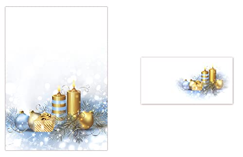 25 Blatt Briefpapier DIN A4 + 25 Stück Umschläge 5051 Weihnachten goldene Kerzen Kugeln Motivpapier / Premium Briefumschläge DIN lang (110 X 220mm) mit Motiv bedruckt, Briefhüllen Kuvert, ohne Fenster, haftklebend von LYSCO
