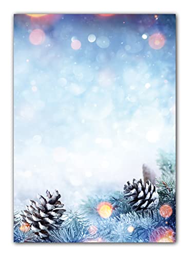 25 Blatt Winter Motivpapier Briefpapier (Weihnachten-5251, DIN A4) wunderschöne Tannzweige im Schnee bei Sonnenschein mit Zapfen von LYSCO