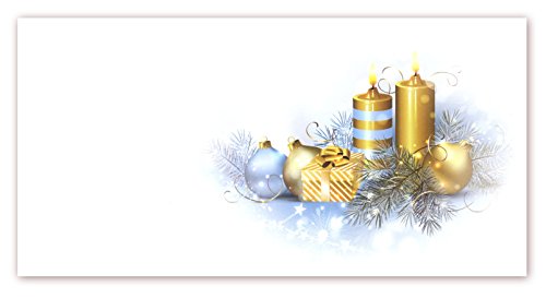 25 Stück Premium Briefumschläge DIN lang (110 X 220mm) mit Motiv bedruckt, Weihnachten goldene Kerzen, Briefhüllen Kuvert, ohne Fenster, haftklebend, 80g/m² (UMS-5051) von LYSCO
