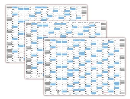 3 Stück Gefaltet XXL Wandkalender Wandplaner 2025 (blau2) - DIN A0 Format mit 14 Monaten Feiertage aller Bundesländer von LYSCO