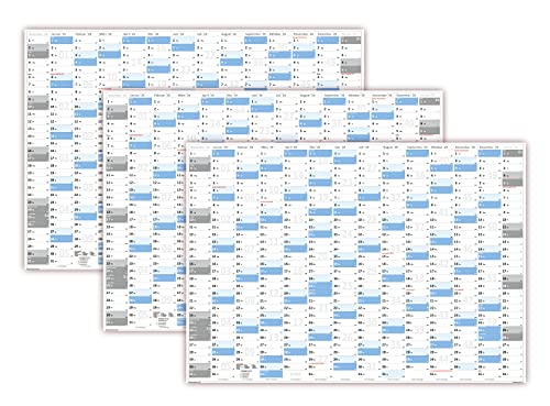 3 Stück Gerollt XXL Wandkalender Wandplaner 2024 (blau2) - DIN A0 Format mit 14 Monaten Feiertage aller Bundesländer von LYSCO
