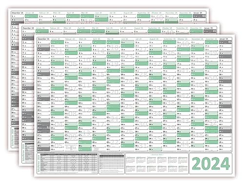3 Stück Green Wandkalender, Wandplaner 2024 gefaltet DIN A2 Format (420 x 594 mm) mit 14 Monaten, kompletter Jahresvorschau 2025 und Ferientermine, Feiertage aller Bundesländer von LYSCO