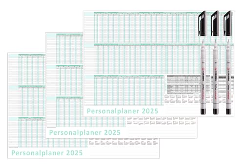 3 Stück Urlaubsplaner/Personalplaner 2025 nass abwischbar mit Folienkaschierung plus 3 Stifte - DIN B1 Format (1000 x 700 mm) bis 22 Mitarbeiter Januar 2025 bis März 2026 mit Schulferien (gerollt!) von LYSCO