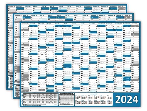 3 Stück Wandkalender/Wandplaner 2024 blau (gerollt) DIN A0 Format (841 x 1189 mm) 14 Monate, komplette Jahresvorschau Folgejahr und Ferientermine/Feiertage aller Bundesländer von LYSCO