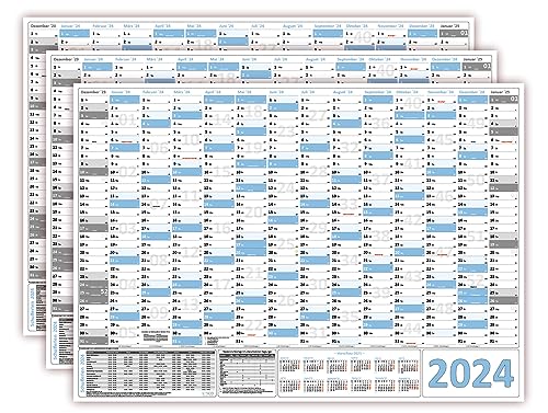 3 Stück Wandkalender/Wandplaner 2024 hellblau (gerollt) DIN A0 Format (841 x 1189 mm) 14 Monate, komplette Jahresvorschau Folgejahr und Ferientermine/Feiertage aller Bundesländer von LYSCO