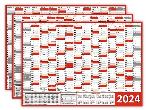3 Stück Wandkalender/Wandplaner 2024 rot (gerollt) DIN A0 Format (841 x 1189 mm) 14 Monate, komplette Jahresvorschau Folgejahr und Ferientermine/Feiertage aller Bundesländer von LYSCO