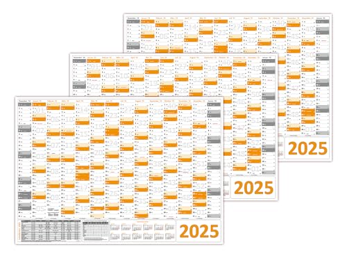 3 Stück Wandkalender/Wandplaner 2025 orange (gerollt) DIN A1 Format (594 x 841 mm) 14 Monate, komplette Jahresvorschau Folgejahr und Ferientermine/Feiertage aller Bundesländer von LYSCO