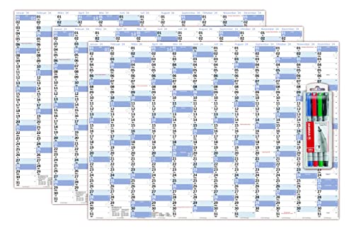 3 Stück XL Wandkalender DIN A1 2024 blau, nass abwischbar inkl. Stifteset vierfarbig Kalender Format 59,4 x 84,3cm Jahresplaner Wandplaner gerollt von LYSCO