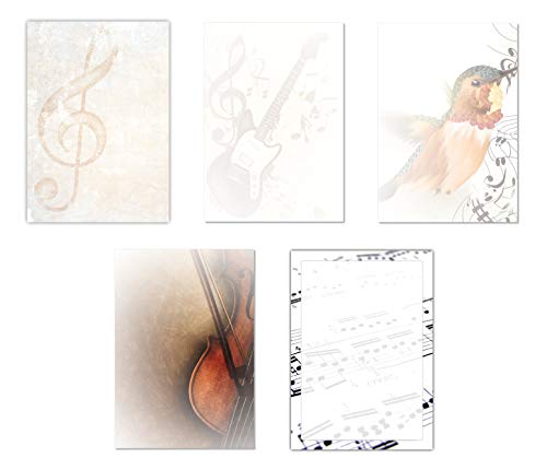 5 x 10 Blatt Motivpapier Briefpapier Mix DIN A4 Noten Gitarre Geige (Musik-5225) von LYSCO