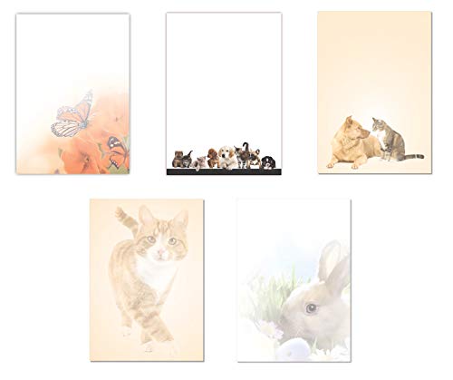5 x 10 Blatt Motivpapier Briefpapier Mix DIN A4 Schmetterlinge Hund Katze Maus Hase (Tiere-5241) von LYSCO