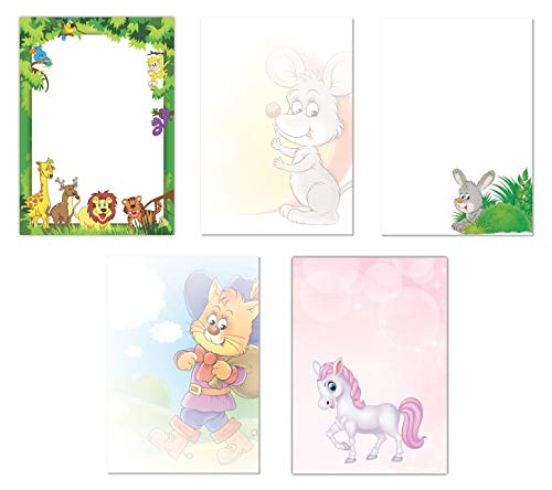 5 x 10 Blatt im Set Briefpapier Mix DIN A4 Dschungel Maus Käse gestiefelte Kater Hase Pony Löwe Giraffe (Kinder-5224) von LYSCO