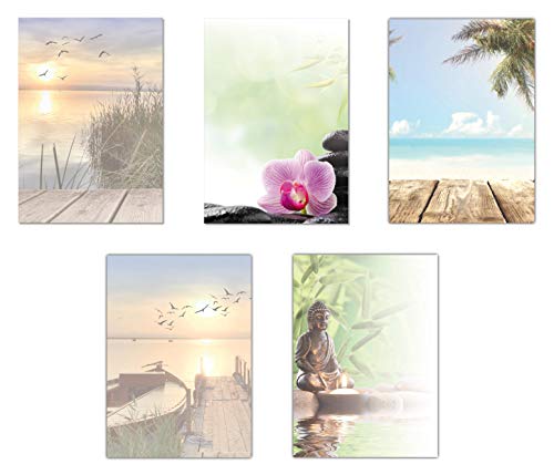 5 x 5 Blatt Motivpapier Briefpapier Mix DIN A4 Entspannung Urlaub Strand (Wellness-5234) von LYSCO