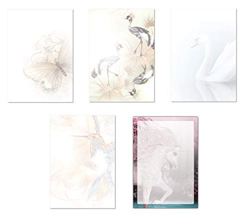 5 x 5 Blatt Motivpapier Briefpapier Mix DIN A4 Schmetterlinge Pfauen Schwan Eisvogel Einhorn (Tiere-5242) von LYSCO