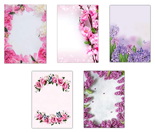 5 x 5 Blatt im Set Briefpapier Mix DIN A4 Blumen Blüten Pfingstrosen Kirschblüten Hyazinthen mit Schmetterlingen Rosen Flieder Motivpapier (MPA-5232) von LYSCO