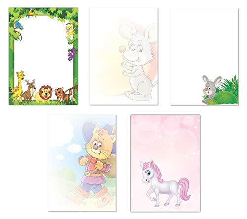 5 x 5 Blatt im Set Briefpapier Mix DIN A4 Dschungel Maus Käse gestiefelte Kater Hase Pony Löwe Giraffe (Kinder-5224) von LYSCO