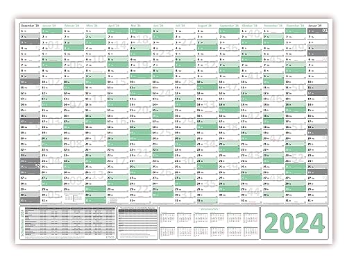 Green Wandkalender, Wandplaner 2024 gefaltet DIN A2 Format (420 x 594 mm) mit 14 Monaten, kompletter Jahresvorschau 2025 und Ferientermine, Feiertage aller Bundesländer von LYSCO