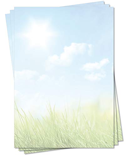 LYSCO Motiv Briefpapier (Natur-5126, DIN A4, 25 Blatt) grüne Wiese Gras blauer sonniger Himmel mit Weißen Wolken Motivpapier von LYSCO