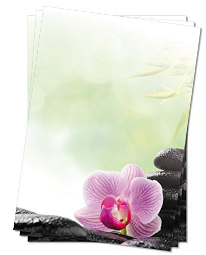 LYSCO Motivpapier Briefpapier (Wellness-5070, DIN A4 25 Blatt) Feng Shui mit pink Orchidee auf wasserbenetzten Steinen und Bambus im Hintergrund von LYSCO