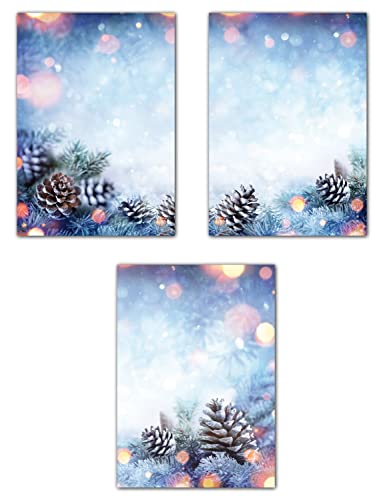 Mix 3x10 Blatt Winter Motivpapier Briefpapier (Weihnachten-5253, DIN A4) wunderschöne Tannzweige im Schnee bei Sonnenschein mit Zapfen von LYSCO
