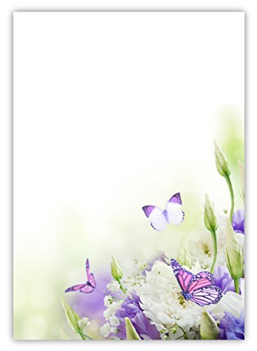 Motiv Briefpapier (Blumen+Schmetterlinge-5022, DIN A4, 100 Blatt). Einseitig bedrucktes Briefpapier, sehr gut beschreibbar, Motivpapier für alle Drucker/Kopierer geeignet Motiv blau / weiße Blumen mit Schmetterlingen von LYSCO