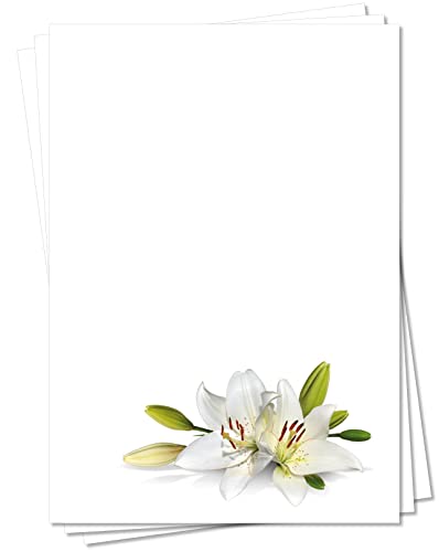 Motiv Briefpapier (Blumen-5148, DIN A4, 25 Blatt). Einseitig bedrucktes Briefpapier, sehr gut beschreibbar, für alle Drucker/Kopierer geeignet, Motivpapier mit weißen wunderschönen Lilien, welche für Reinheit und Schönheit stehen von LYSCO