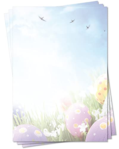 Motiv Briefpapier (Ostern-5090, DIN A4, 25 Blatt) Briefpapier Osterwiese mit Ostereier, blauer Himmel mit Vögeln über grüner Wiese mit lila gelben Ostereiern und Narzissen von LYSCO