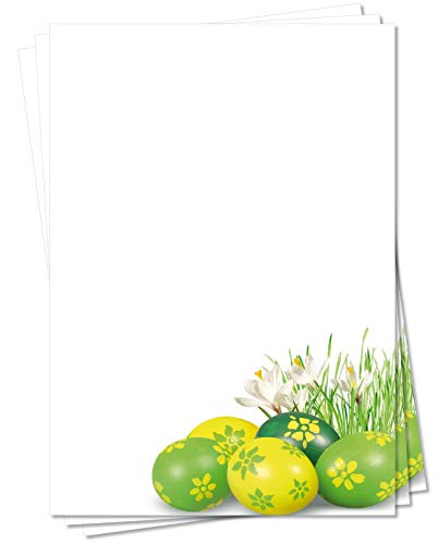 Motiv Briefpapier (Ostern-5149, DIN A4, 100 Blatt). Einseitig bedrucktes Briefpapier, sehr gut beschreibbar, für alle Drucker/Kopierer geeignet, Motivpapier mit Ostereiern und weißen Krokussen Eier gelb grün von LYSCO
