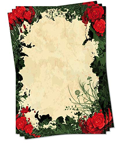 Motiv Briefpapier (Rosen-5108, DIN A4, 100 Blatt) rote Rosen Kletterrosen grüne Blätter Muster Motivpapier Floristik von LYSCO
